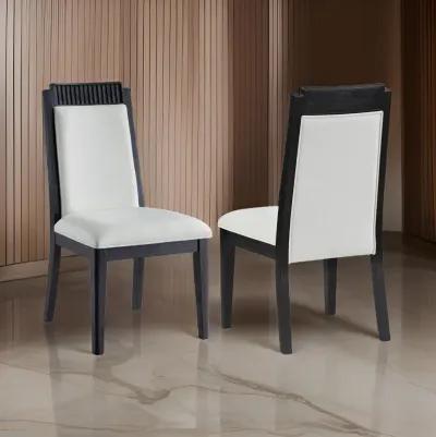 Jack Dining Chair, Set of 2, Ivory Fabric, Bordered Look with Black Wood - Benzara