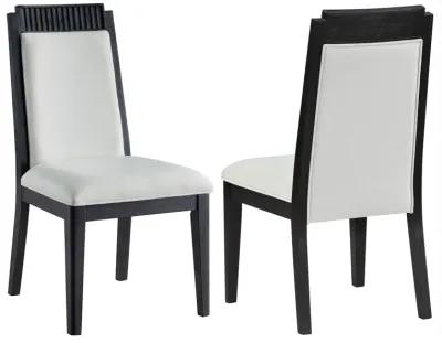 Jack Dining Chair, Set of 2, Ivory Fabric, Bordered Look with Black Wood - Benzara