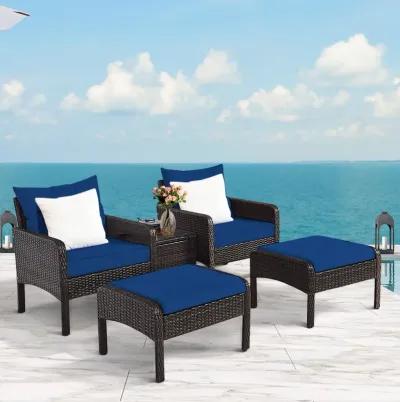 5 Pieces Patio Rattan Sofa Ottoman Furniture Set with Cushions