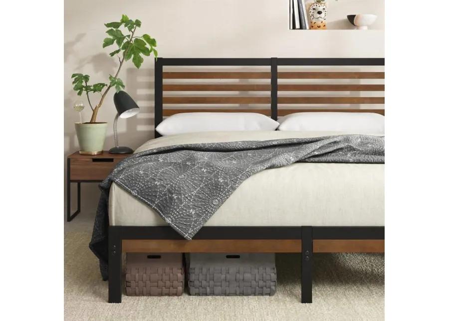 Metal Platform Bed Frame with Bamboo Wood Slat Headboard and Footboard