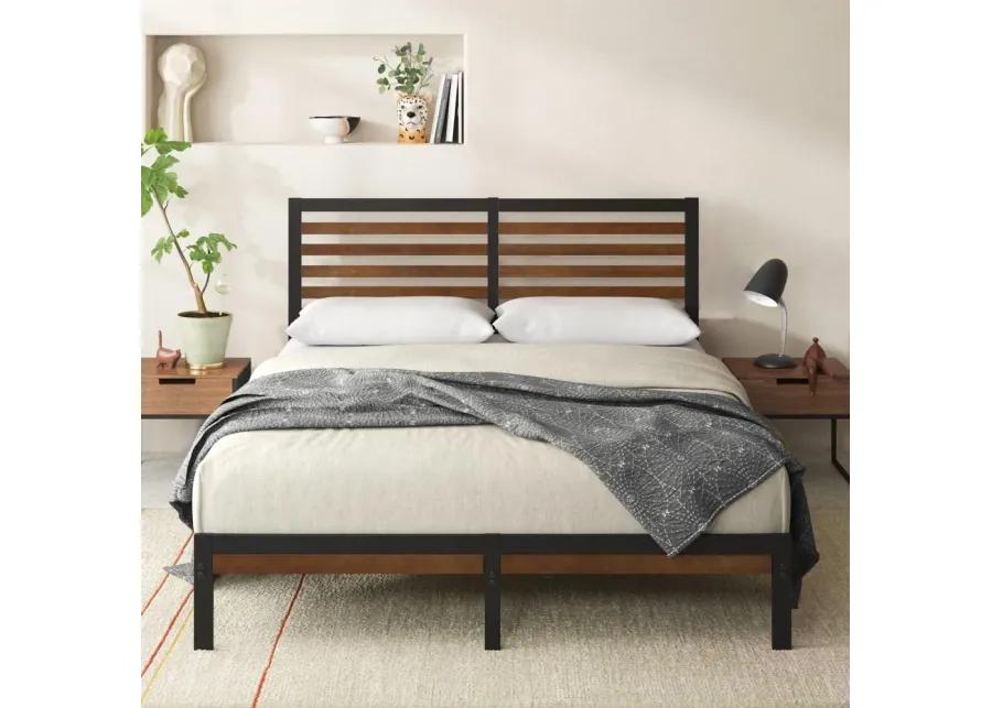 Metal Platform Bed Frame with Bamboo Wood Slat Headboard and Footboard