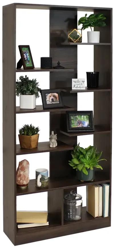 Sunnydaze Rosalee 9-Tier Open Bookshelf with Staggered Shelves Coffee Brown