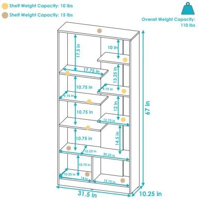 Sunnydaze Rosalee 9-Tier Open Bookshelf with Staggered Shelves Coffee Brown