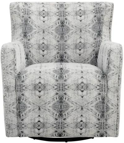 32 Inch Swivel Accent Chair, Gray Black Patterned Polyester, Solid Wood - Benzara