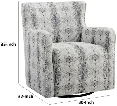 32 Inch Swivel Accent Chair, Gray Black Patterned Polyester, Solid Wood - Benzara