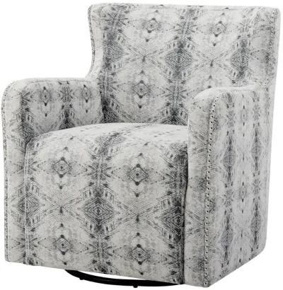 32 Inch Swivel Accent Chair, Gray Black Patterned Polyester, Solid Wood - Benzara