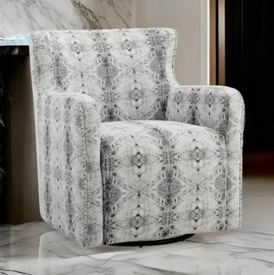 32 Inch Swivel Accent Chair, Gray Black Patterned Polyester, Solid Wood - Benzara