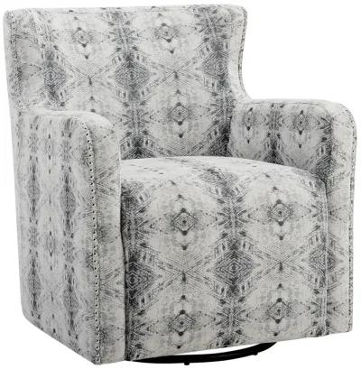 32 Inch Swivel Accent Chair, Gray Black Patterned Polyester, Solid Wood - Benzara