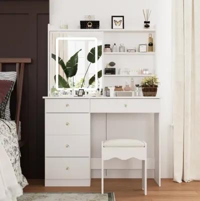 5-Drawers White Wood LED Lights Push-Pull Mirror Makeup Vanity Sets Dressing Table Sets with Stool and Hidden Shelves