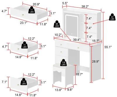 5-Drawers White Wood LED Lights Push-Pull Mirror Makeup Vanity Sets Dressing Table Sets with Stool and Hidden Shelves