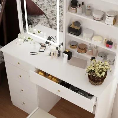 5-Drawers White Wood LED Lights Push-Pull Mirror Makeup Vanity Sets Dressing Table Sets with Stool and Hidden Shelves