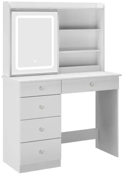 5-Drawers White Wood LED Lights Push-Pull Mirror Makeup Vanity Sets Dressing Table Sets with Stool and Hidden Shelves