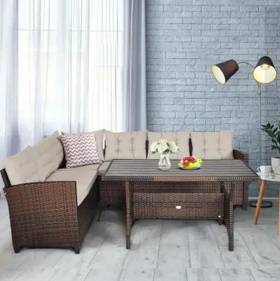 3 Pieces Hand-Woven Rattan Outdoor Sofa Set with Dining Table