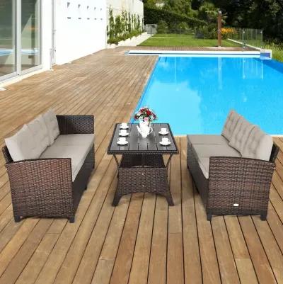 3 Pieces Hand-Woven Rattan Outdoor Sofa Set with Dining Table