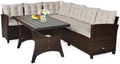 3 Pieces Hand-Woven Rattan Outdoor Sofa Set with Dining Table