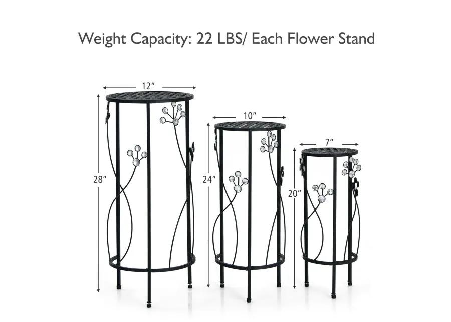 3 Pieces Metal Plant Stand Set with Crystal Floral Accents Round-Black