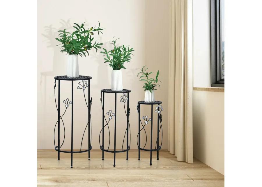 3 Pieces Metal Plant Stand Set with Crystal Floral Accents Round-Black