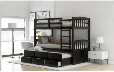 Twin Over Twin Wood Bunk Bed With Trundle And Drawers