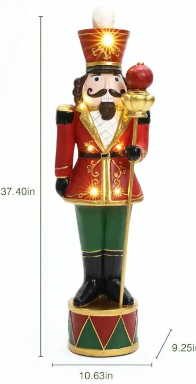 LuxenHome 3Ft Tall Traditional Nutcracker King in Red with Lights