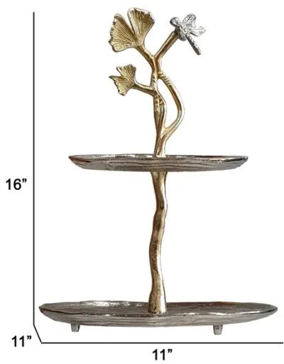 16 Inch Elegant Accent Table, 2 Tier Aluminum Cherry Blossom, Gold, Silver - Benzara