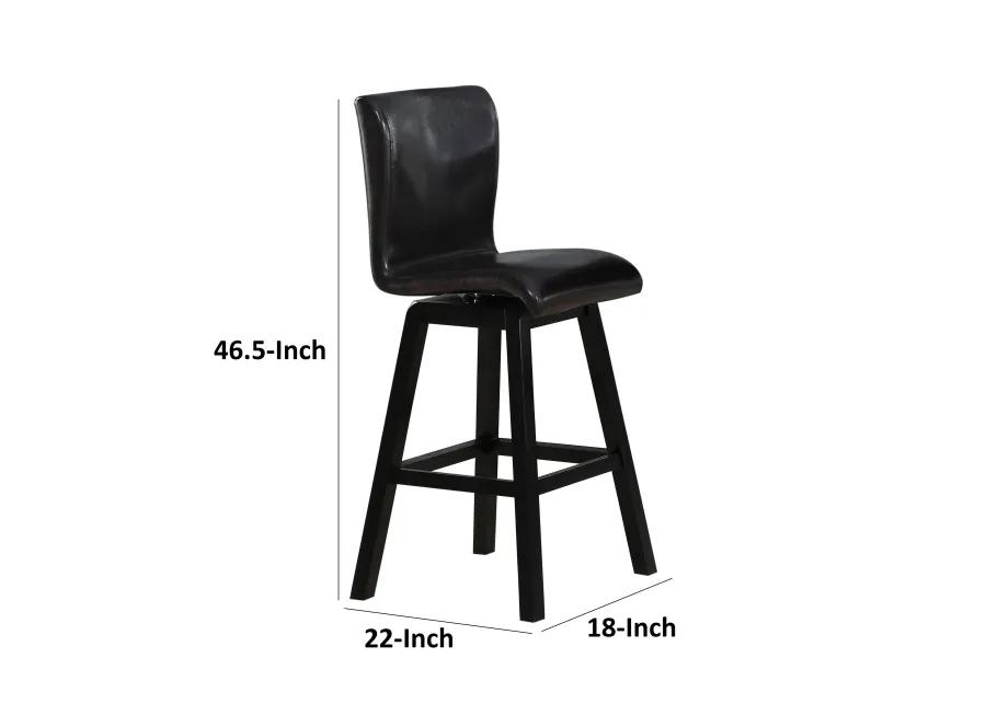 Elsa 32 Inch Swivel Bar Height Chair, Black Faux Leather, Wood, Set of 2 - Benzara