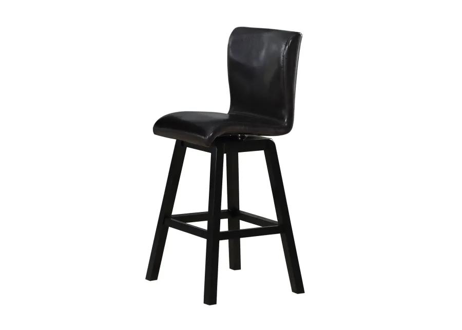 Elsa 32 Inch Swivel Bar Height Chair, Black Faux Leather, Wood, Set of 2 - Benzara