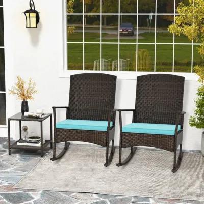 3 Piece Patio Rocking Set Wicker Rocking Chairs with 2-Tier Coffee Table