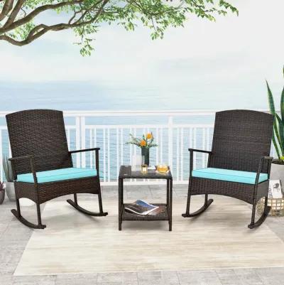 3 Piece Patio Rocking Set Wicker Rocking Chairs with 2-Tier Coffee Table