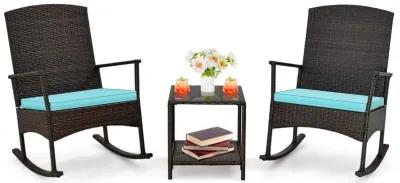 3 Piece Patio Rocking Set Wicker Rocking Chairs with 2-Tier Coffee Table