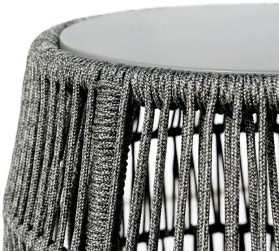 Gip 22 Inch Indoor Outdoor End Table Stool, Gray Round Stone Top, Woven Rope-Benzara