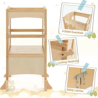 Hivvago Folding Wooden Step Stool with Lockable Safety Rail for Toddler 3+