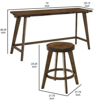 4 Piece Counter Height Table and Stool Set, Brown Wood, USB Power Outlet - Benzara