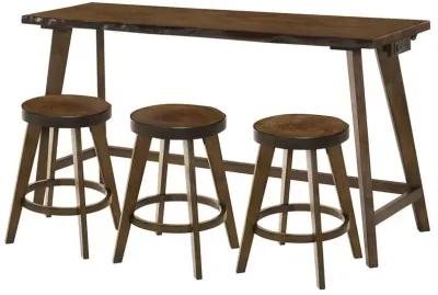 4 Piece Counter Height Table and Stool Set, Brown Wood, USB Power Outlet - Benzara