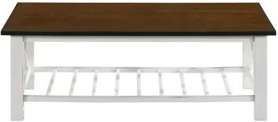 Viki 47 Inch Coffee Table, Crossbar, Slatted Open Shelf, White and Brown-Benzara