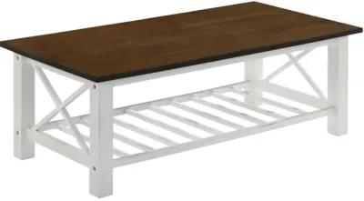 Viki 47 Inch Coffee Table, Crossbar, Slatted Open Shelf, White and Brown-Benzara