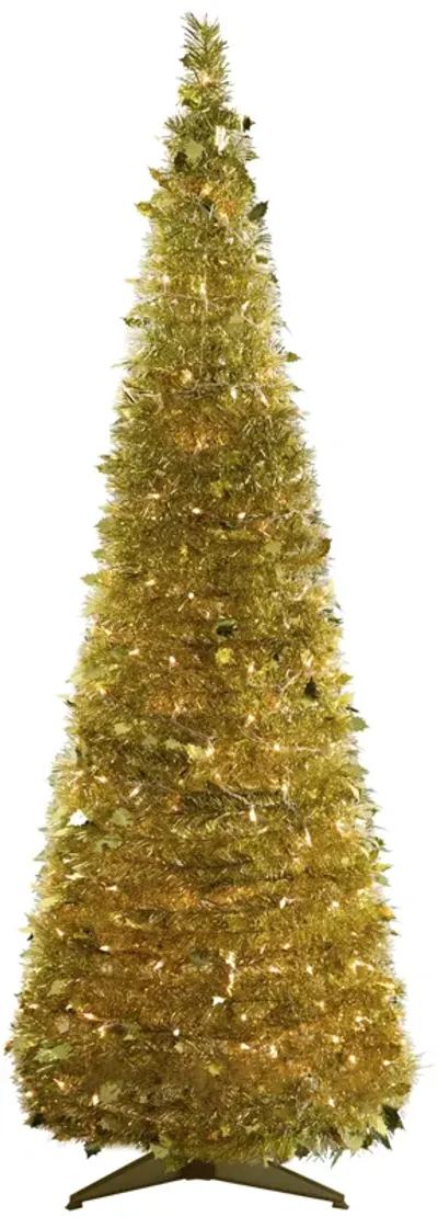 6' Pre-Lit Gold Tinsel Pop-Up Artificial Christmas Tree  Clear Lights