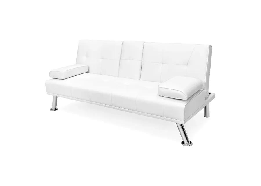 Hivvago White Faux Leather Convertible Sofa Futon with 2 Cup Holders