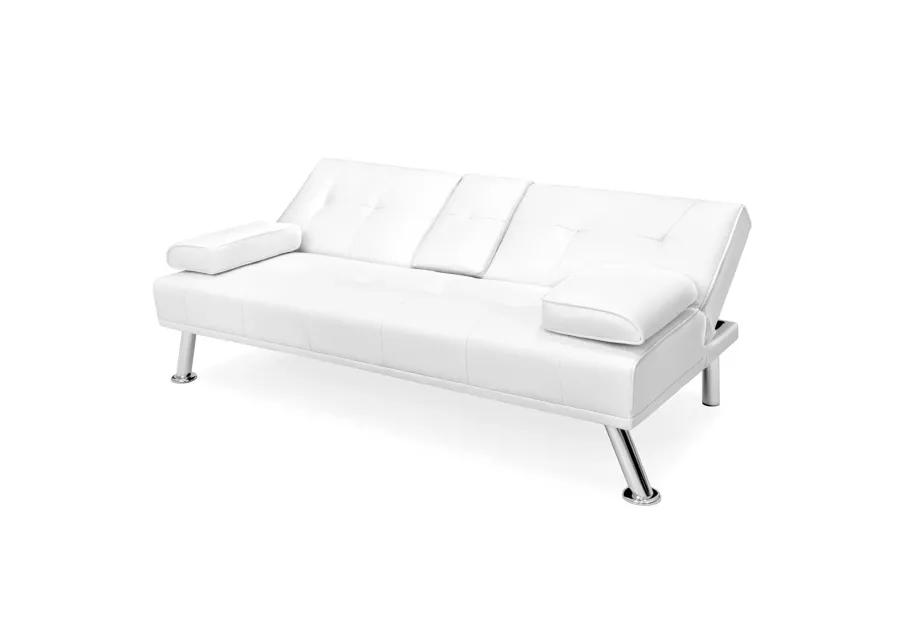 Hivvago White Faux Leather Convertible Sofa Futon with 2 Cup Holders