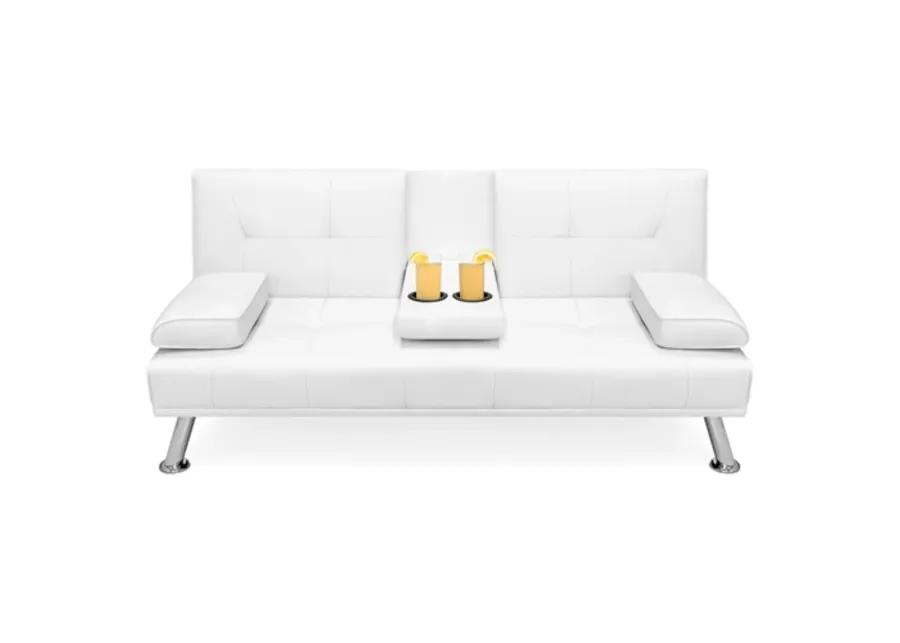 Hivvago White Faux Leather Convertible Sofa Futon with 2 Cup Holders