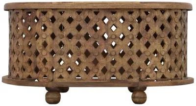 36 Inch Handcrafted Oval Coffee Table, Intricate Cutout Design, Antique Brown