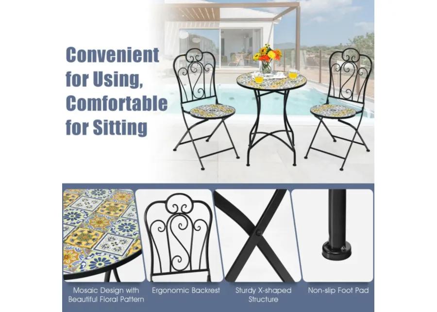 Hivvago 3 Pieces Patio Bistro Mosaic Design Set with Folding Chairs and Round Table