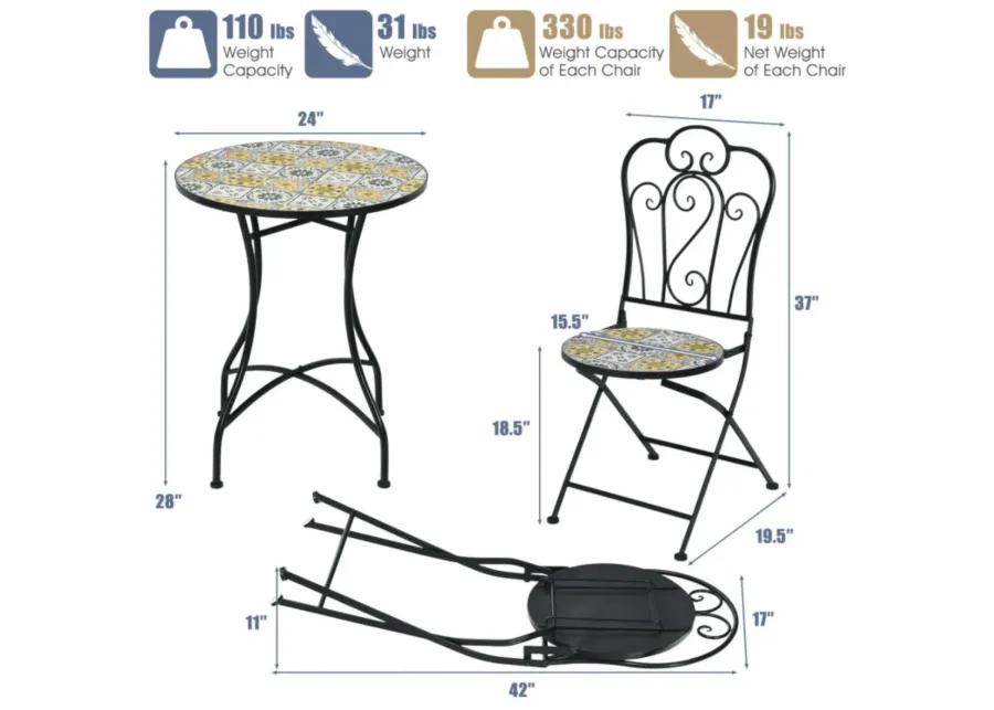 Hivvago 3 Pieces Patio Bistro Mosaic Design Set with Folding Chairs and Round Table