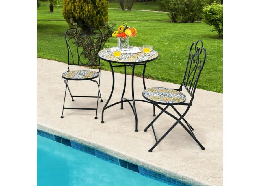 Hivvago 3 Pieces Patio Bistro Mosaic Design Set with Folding Chairs and Round Table