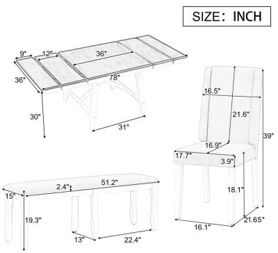 Merax 6-Piece Classic Dining Table Set of 4 Chairs and 1 Bench