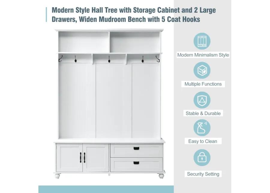 Modern Style Hall Tree with Storage Cabinet and 2 Large Drawers, Widen Mudroom Bench with 5 Coat Hooks, White