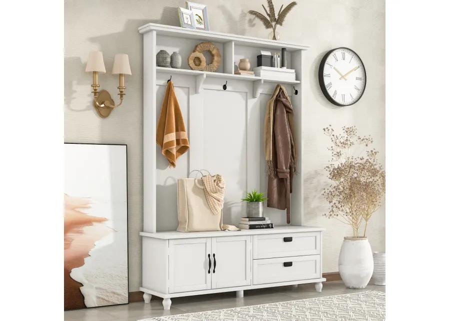 Modern Style Hall Tree with Storage Cabinet and 2 Large Drawers, Widen Mudroom Bench with 5 Coat Hooks, White