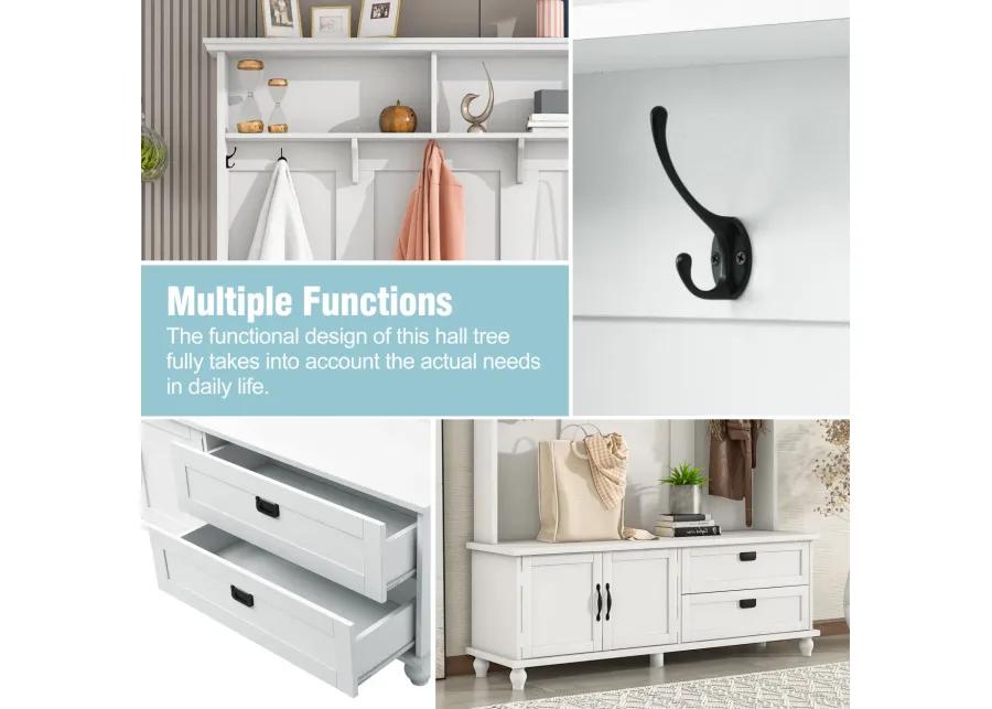 Modern Style Hall Tree with Storage Cabinet and 2 Large Drawers, Widen Mudroom Bench with 5 Coat Hooks, White