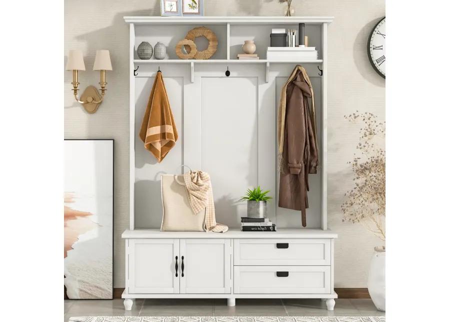 Modern Style Hall Tree with Storage Cabinet and 2 Large Drawers, Widen Mudroom Bench with 5 Coat Hooks, White