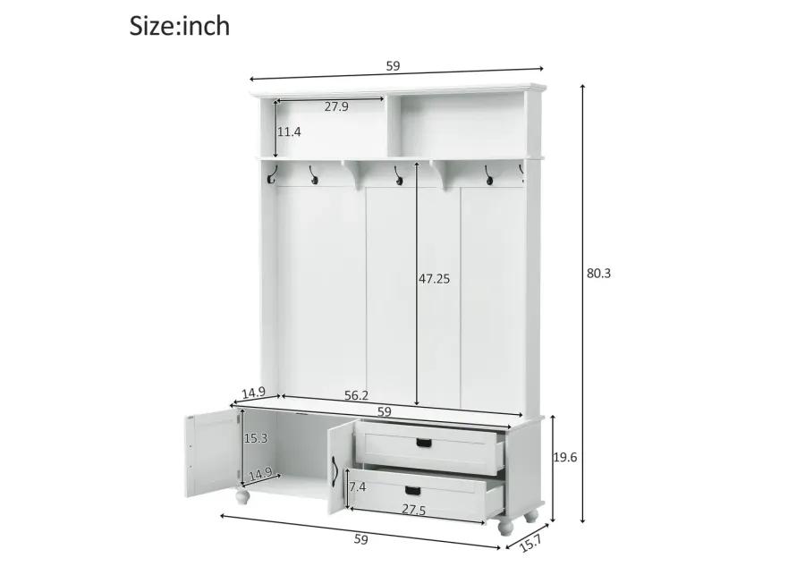 Modern Style Hall Tree with Storage Cabinet and 2 Large Drawers, Widen Mudroom Bench with 5 Coat Hooks, White