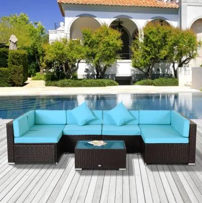 Turquoise Terrace Set: 7-Piece Wicker Patio Set with Glass Table